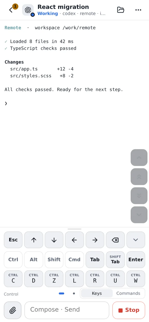 Session screen with the full key pad open