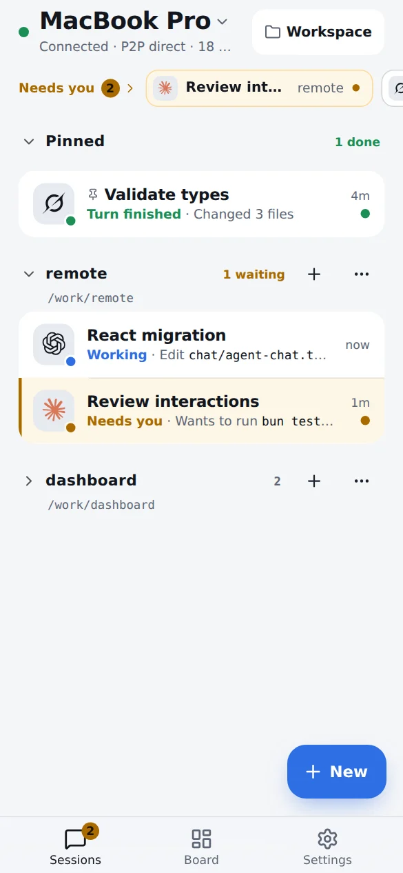 Session list grouped by workspace, with Needs you at the top