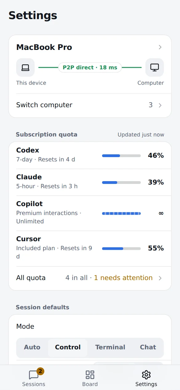 Settings with a quota ring for each plan