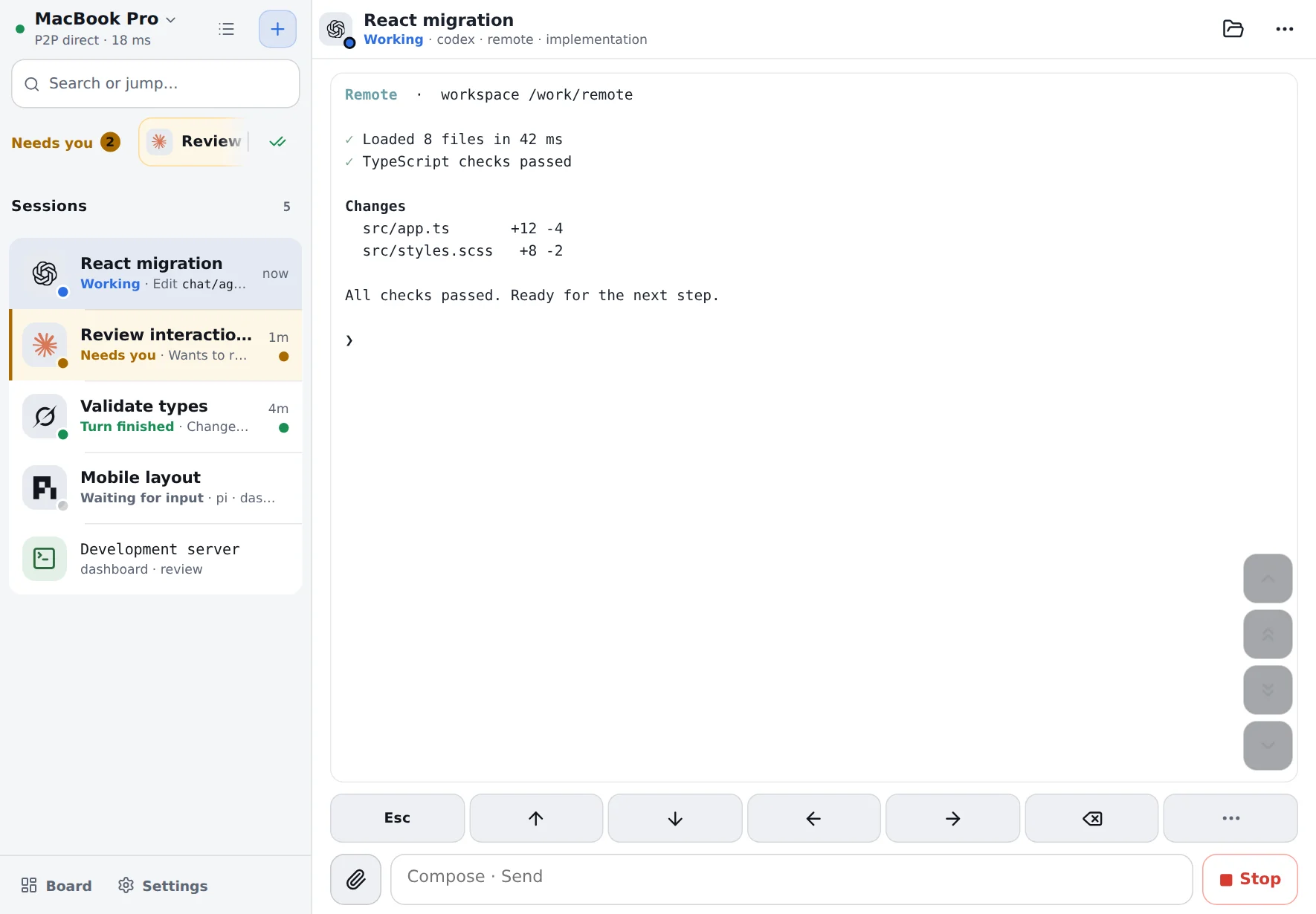 Remote on a tablet in landscape: the session list beside the terminal