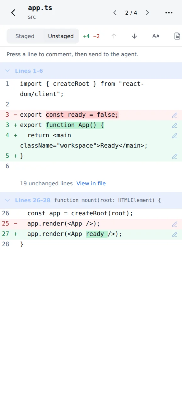Diff of an uncommitted change in src/app.ts